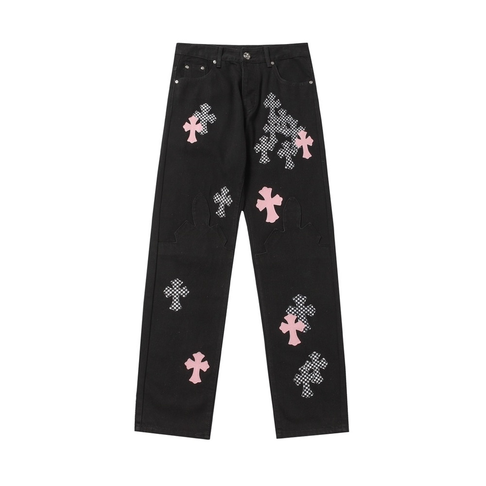 Chrome Hearts Black Jeans with Pink and White Cross Patterns